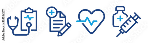 Medical process banner. Set icon of stethoscope, diagnose report, heartbeat pulse and medicine injection vector in outline design. photo