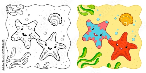 Marine background. Coloring book or Coloring page for kids. Starfish vector clipart