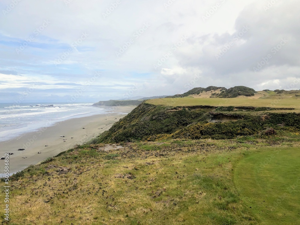 A beautiful view of a parkland area with a par 4 golf hole in Bandon, Oregon, with the ocean in the background and yellow heather in bloom