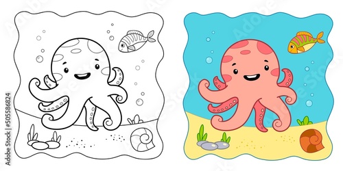 Marine background. Coloring book or Coloring page for kids. Octopus vector clipart