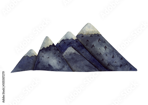 Watercolor mountains in minimalist style with snow on top. Trevallers view