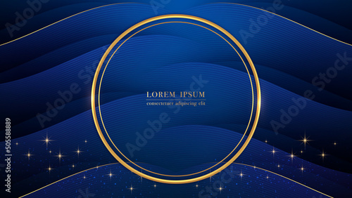 Luxury golden rings and line on blue line wave with glitter light background. Vector illustration