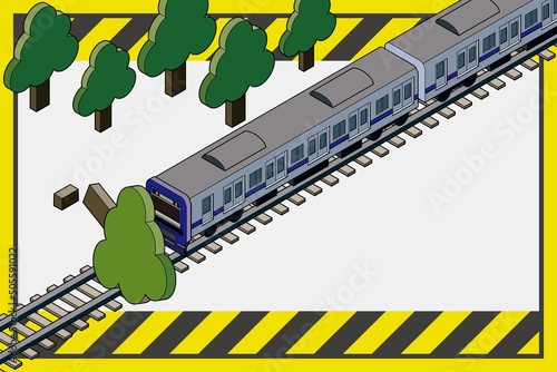 倒木により電車が遅延していることを知らせるアイソメトリックなバナーイラスト.