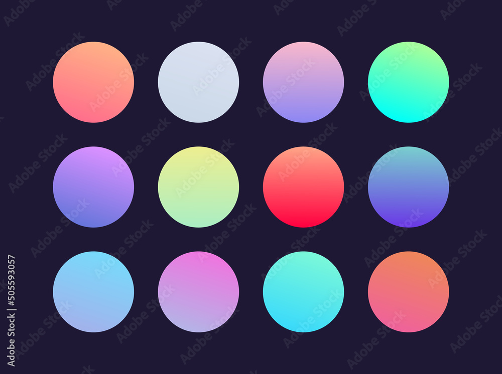 Trendy soft color vector Round gradient set with modern abstract backgrounds. Rounded holographic gradient sphere button for web, colorful soft round buttons or vivid color spheres flat vector.