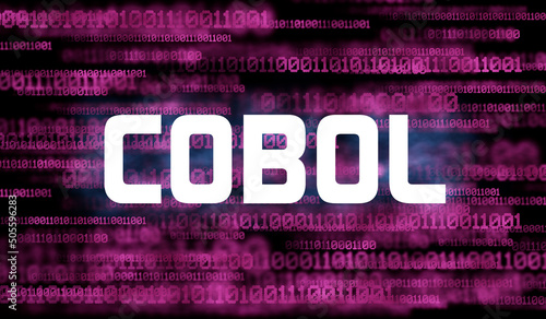 Word COBOL and abstract cyberspace with binary code on dark background.  Cobol programming language. photo