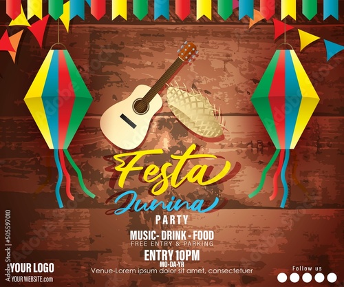 vector illustration foe Festa Junina, Brazil june festival  with party flags on wooden texture background