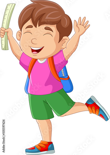 Cartoon happy boy with backpack and ruler