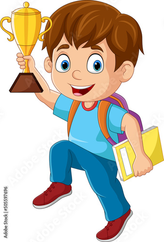 Cartoon little boy holding gold trophy