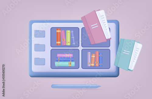 Online library, search and selection of books. The concept is to find a textbook in the search bar and click the cursor. Collection of e-books for education in library, banner 3d. Vector 