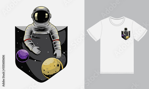 Astronaut in pocket illustration with tshirt design premium vector 