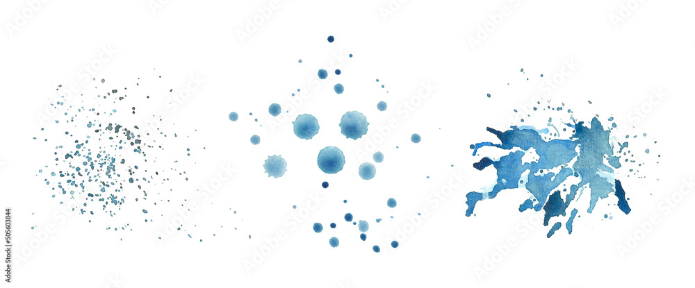 Watercolor blot and splash. Colorful illustration of blue watercolor drops, blobs and blots. Isolated