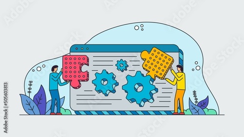 vector illustration of a web with people arranging puzzles around it, line art style, flat design illustration.