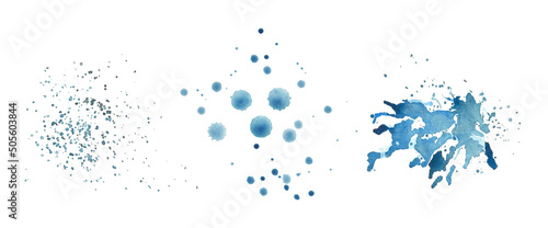 Watercolor blot and splash. Colorful illustration of blue watercolor drops, blobs and blots. Isolated