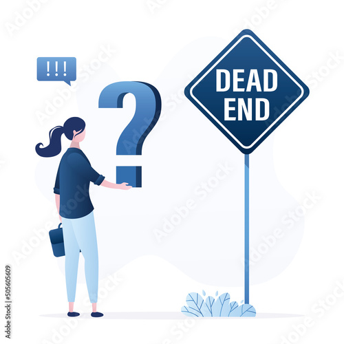 Female manager thinking and looks at dead end sign. Unhappy Businesswoman looking at road sign. Wrong decisions led entrepreneur to false way. Management errors, concept.