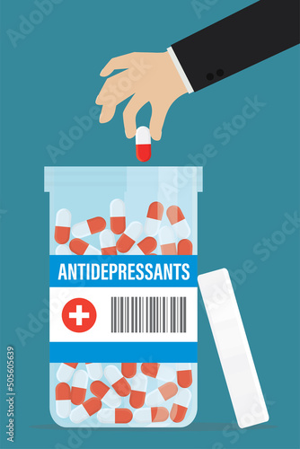 Big bottle with antidepressants pills. Patient take medicines from plastic vial. Mental pressure. Pharmacy, drugstore. Solving psychological problems. Healthcare concept.