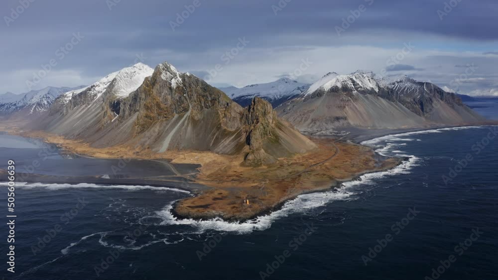 Drone Pulling Back From Eystrahorn Mountain In Landscape Drone Pulling Back From Eystrahorn Mountain In Landscape