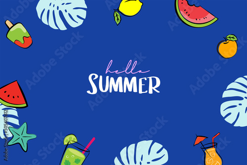 Hello summer banners design hand drawn style. Summer with doodles and objects elements for beach party background.