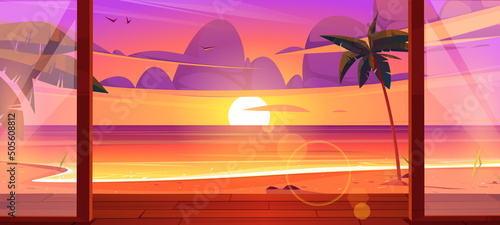 Bungalow wooden porch on tropical sand sea beach at sundown. Vector cartoon illustration of dawn summer ocean shore landscape with palm trees and house terrace with glass doors