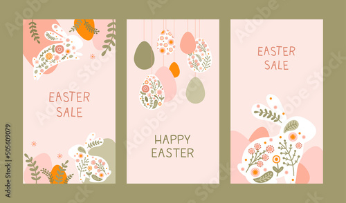 Set social media template with a silhouette holiday Easter eggs, rabbit and flowers in flat style. Illustration easter hare and eggs in pastel colors and space for your text. Vector