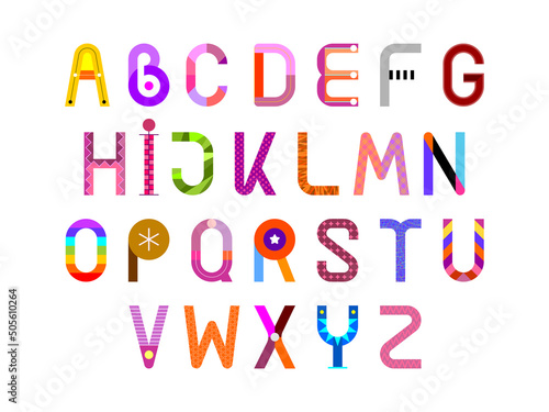 Decorative font design  letters with different colorful patterns isolated on a white background. Each letter is on a separate layer in the vector EPS file.