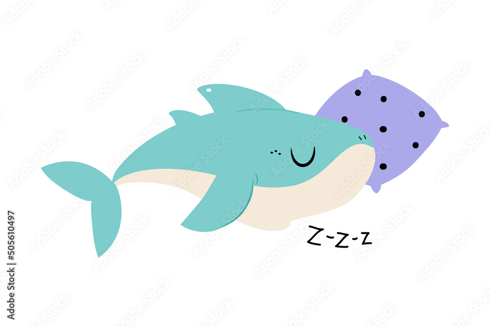 Obraz premium Comic Blue Shark as Marine Animal Sleeping on Pillow in the Ocean Vector Illustration