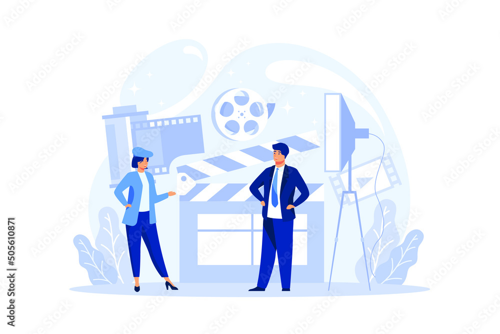 Producer concept illustration. Film and tv production. Idea of creative people and profession. Studio equipment. Isolated vector illustration