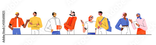 Diverse people talk together. Concept of social network, conversation, communication in team. Vector flat illustration of friends dialog, students and workers characters speak with each other