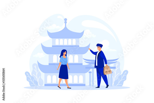 Chinese language class illustration . Large school subject or class set. The student studies social and natural sciences.The modern system of school education. Isolated flat vector illustration