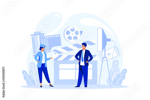 Producer concept illustration. Film and tv production. Idea of creative people and profession. Studio equipment. Isolated vector illustration