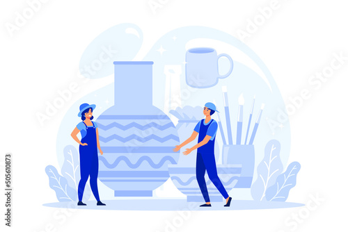 Young sculptor working. Creating sculpture of the marble. Creative artist. Art and hobby. Isolated vector illustration in flat style