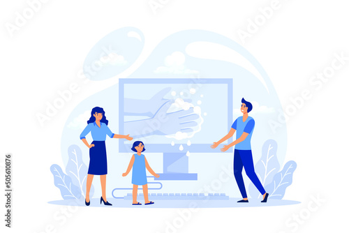 Health class illustration. hand washing tutorial in video The student studies social and natural sciences.The modern system of school education. Isolated flat vector illustration