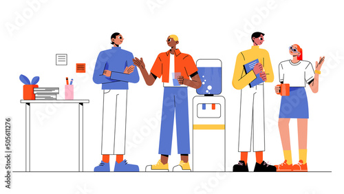 People talk near cooler in office. Vector flat illustration of meeting and conversation of workers. Workplace interior with water dispenser, table and employees discuss of gossips and news