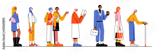 Different people stand in queue. Vector flat illustration of side view of multiracial group patiently waiting in line. Queuing girls, businessman with coffee, boys and reading elder woman photo