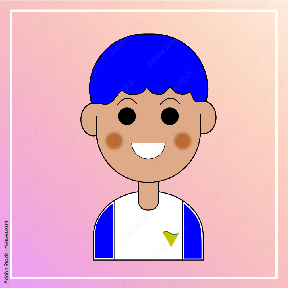 Illustration of a boy with a smile on his face | wearing a t-shirt with blue and white color | Blue hair boy | Builder boy | student