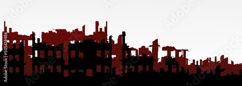 Ruined city. Remains unusable. Apocalypse natural or war. Isolated on white background. Sad landscape of destruction. Vector