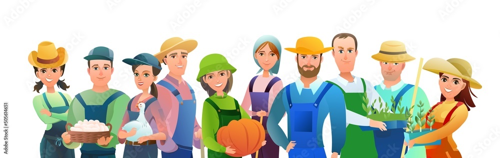 Man and woman and children villager farmer in overalls. Agricultural worker. Cheerful person. Standing pose. Cartoon comic style. Illustration isolated white background. Vector - obrazy, fototapety, plakaty 