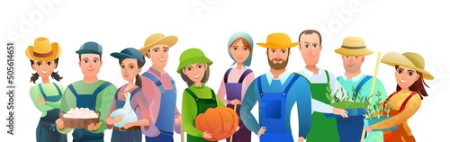 Man and woman and children villager farmer in overalls. Agricultural worker. Cheerful person. Standing pose. Cartoon comic style. Illustration isolated white background. Vector photo