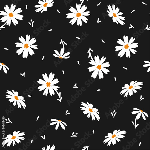 White doodle chamomile or daisy flowers isolated on black background. Hand drawn cute floral seamless pattern vector illustration. Great for textile, paper, baby girl, fabric, gift wrap and more.