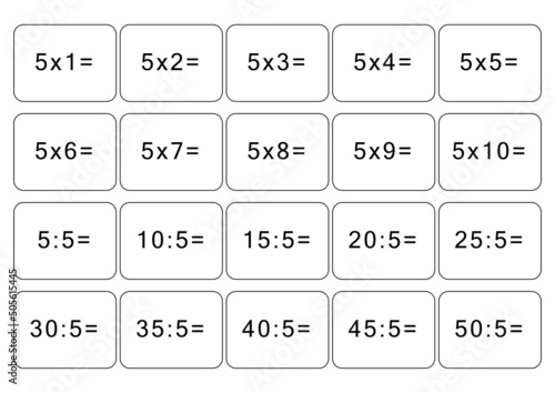 Multiplication and division table of 5. Maths card with an example, drawing. Multiplication Square, vector illustration. Printed product, banner, table for children, schoolchildren. School education