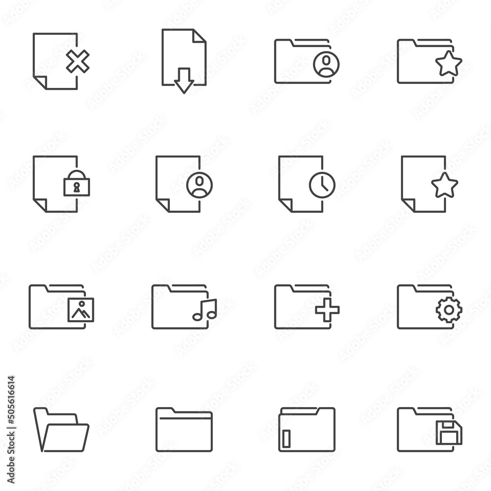 Files and folders line icons set
