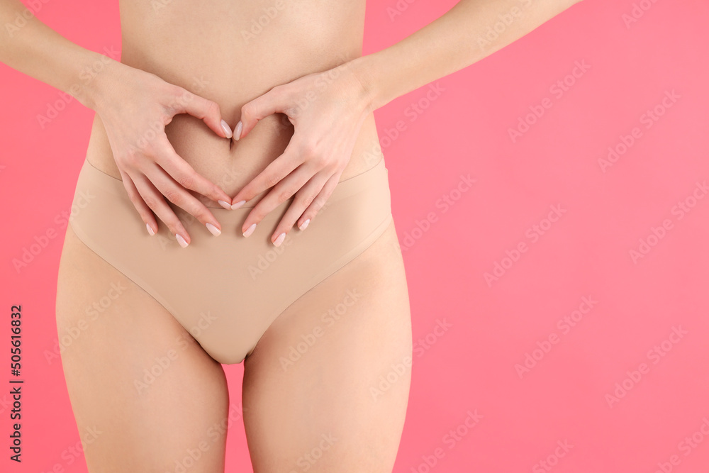 Concept of weight loss with thin girl on pink background