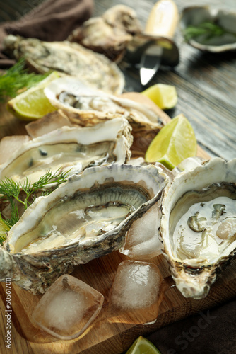 Concept of delicious seafood, oysters, close up