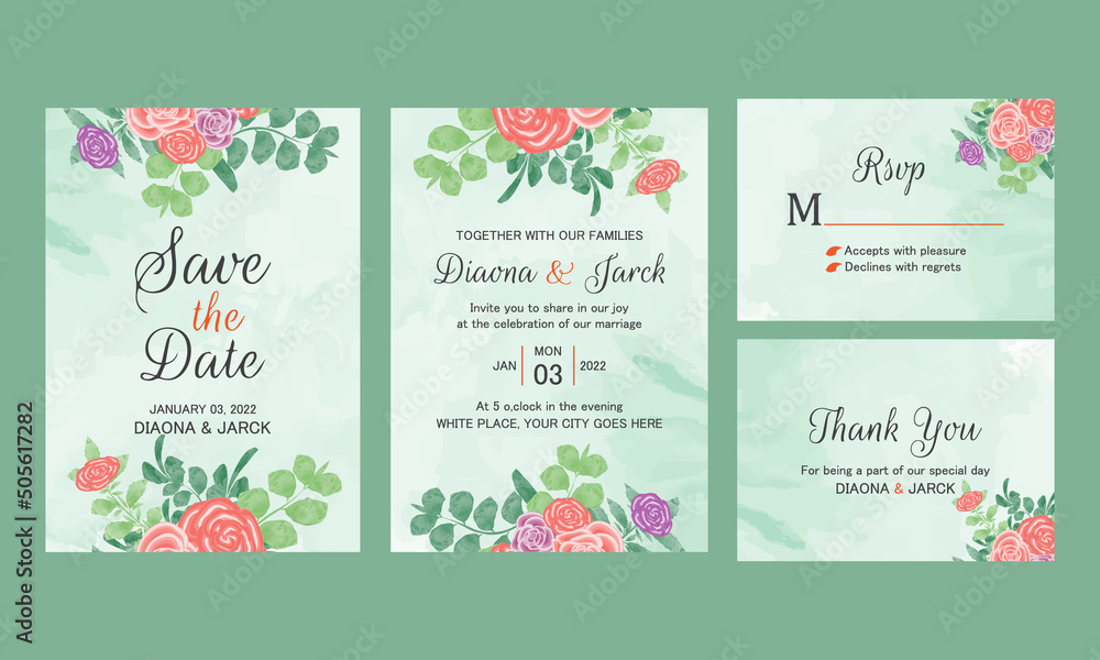 Wedding invitation card set with spring watercolor flower bouquet 