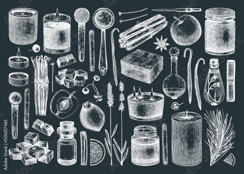 Hand-sketched aromatic candles ingredients set on chalkboard. Vector illustrations of candles, wax, fragrance, color, herbs. Natural materials for aromatherapy, hobby, handcrafts, candle making.