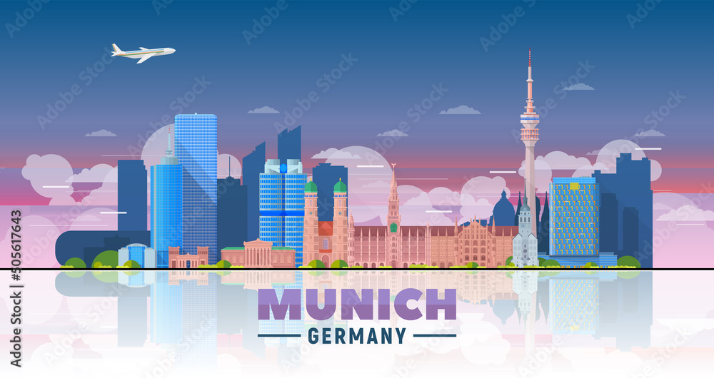 Fototapeta premium Munich ( Germany ) skyline with panorama in sky background. Vector Illustration. Business travel and tourism concept with modern buildings. Image for presentation, banner, web site.