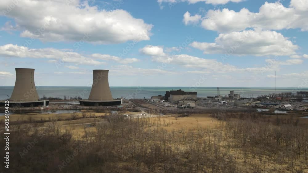Nuclear power plant complex in Michigan, near Lake Erie, aerial drone view Nuclear power plant complex in Michigan, near Lake Erie, aerial drone view
