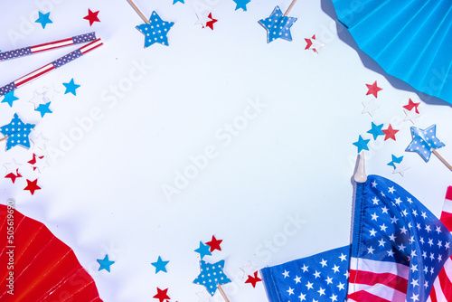 4 july independence day greeting card background with star confetti, American flags, festive decor, ribbon. USA Independence Day, American Labor day, Memorial Day, US election concept.