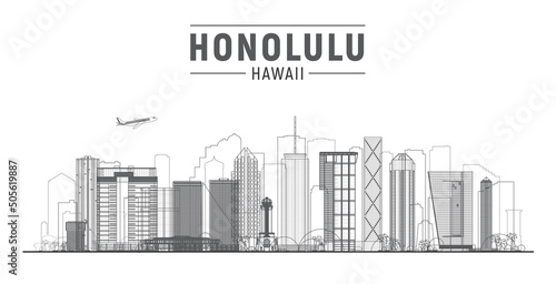 Honolulu Hawaii (United States) line city skyline vector background. Flat vector illustration. Business travel and tourism concept with modern buildings. Image for banner or web site.