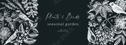 Hand sketched autumn banner on chalkboard. Fall leaves background and botanical sketch art. Vintage cover design with autumn leaves, berries, flowers, birds. Floral art for wall decoration and print