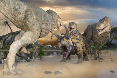 Fototapeta Naklejka Na Ścianę i Meble -  森で４頭のラプトルに囲まれるアロサウルスみたいな恐竜が大きな口を開けて威嚇する